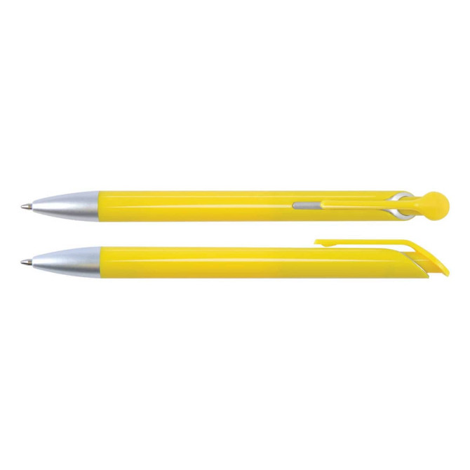 A set of yellow plastic pens with silver accents, featuring a click mechanism and a sleek design.
