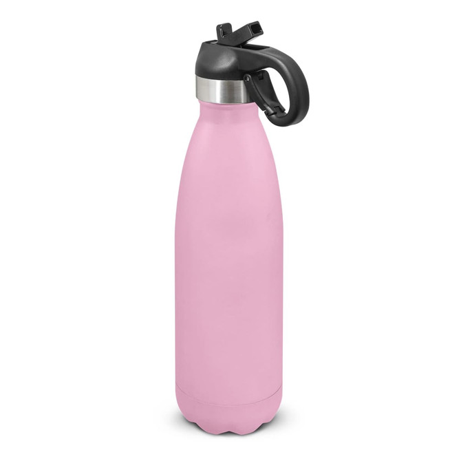 A drink bottle in pastel pink with a black flip lid and a handle. Features a logo on the side.