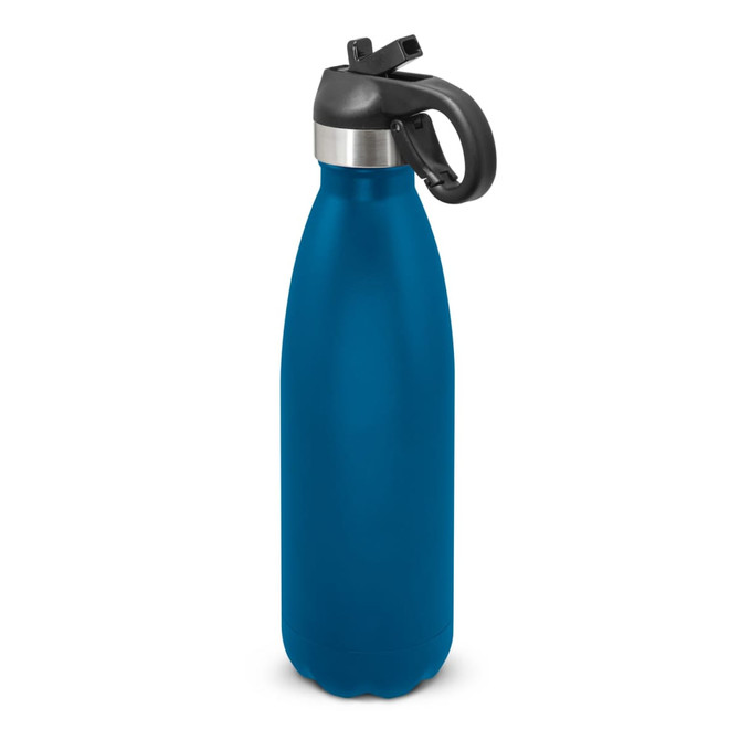 A drink bottle in matte blue with a black flip lid and a silver accent. It features a handle and a logo.