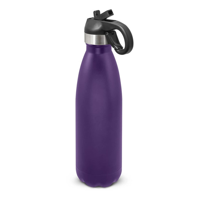 A drink bottle in a sleek purple finish with a black flip lid and handle, featuring a logo.