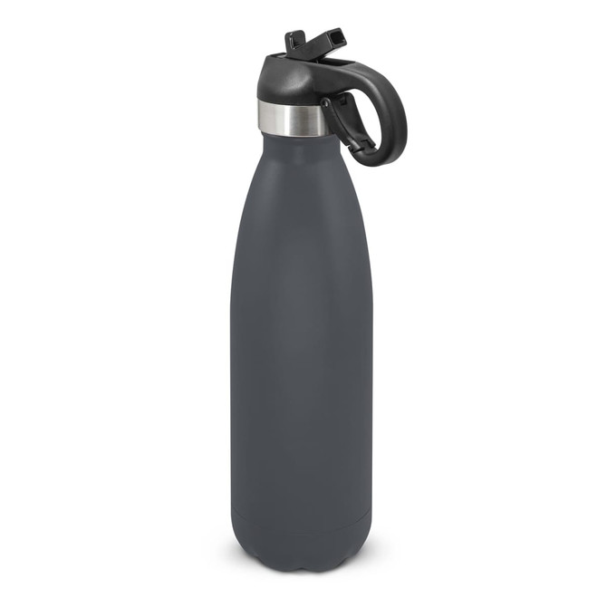 A drink bottle in dark grey with a flip lid and a black handle, featuring a metallic band.