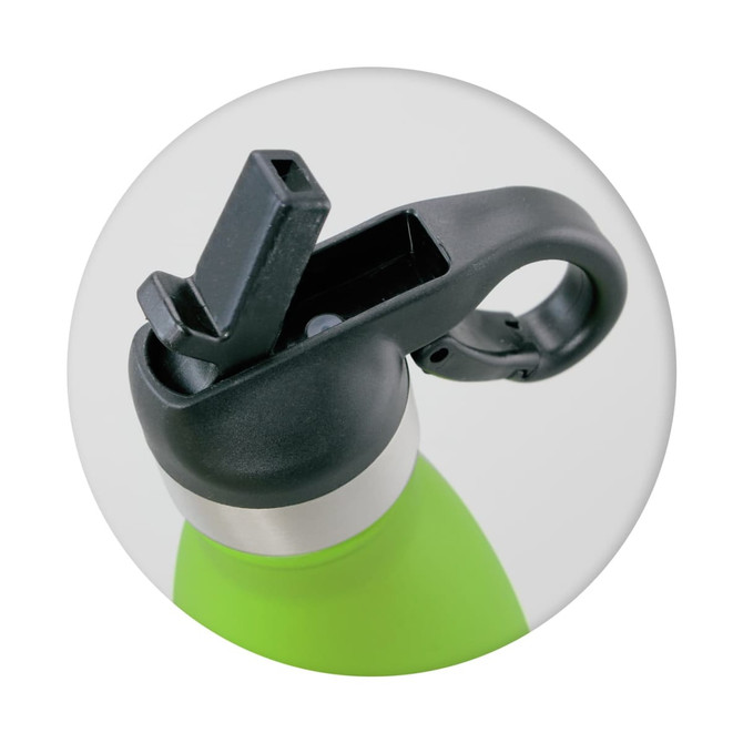 A drink bottle with a bright green body and a black flip lid. It has a handle and a logo on the side.