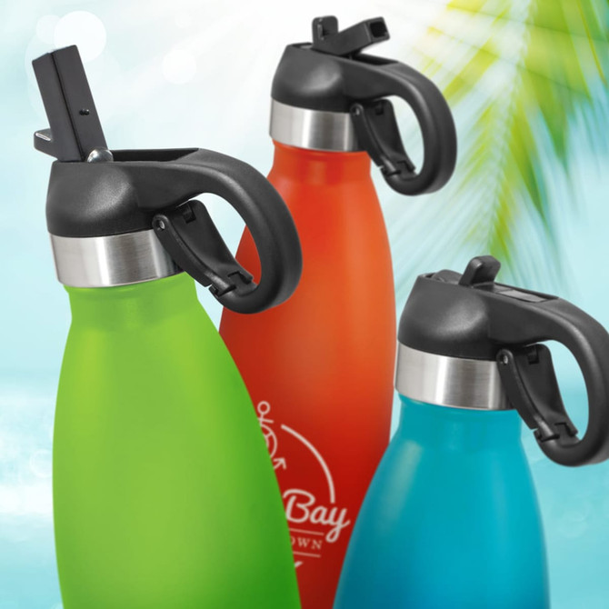 A drink bottle collection featuring green, orange, and blue powder-coated finishes with flip lids and a logo.