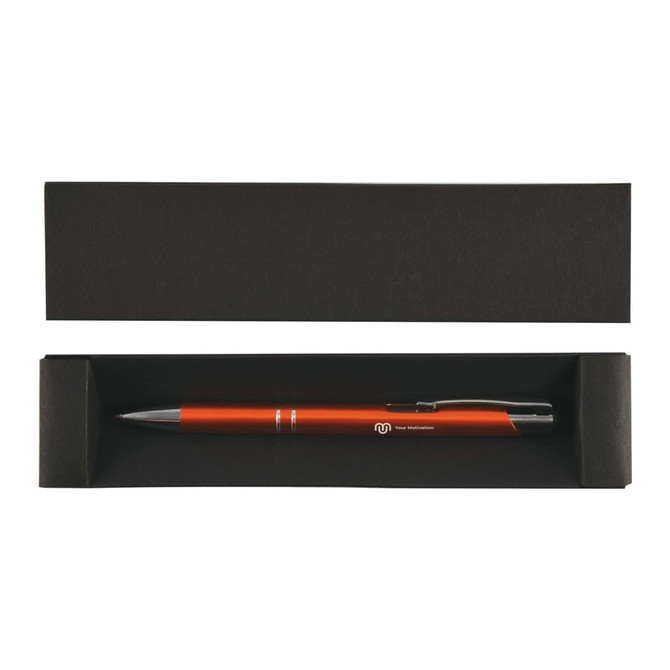 A black cardboard pen box containing an orange pen, featuring a logo on the pen.