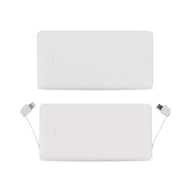 A white power bank with built-in cables and indicator lights, featuring a logo on its surface.