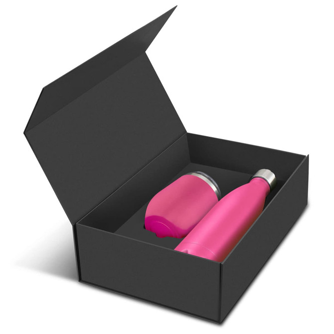 A pink drink bottle and a pink cup inside a black gift box, featuring a logo.