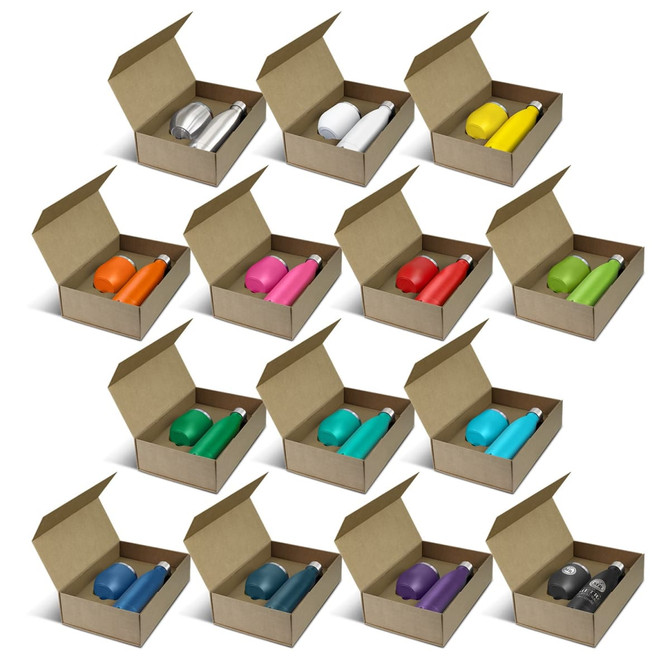 A collection of open boxes, each containing a drink bottle in various colours, including green, pink, and blue.