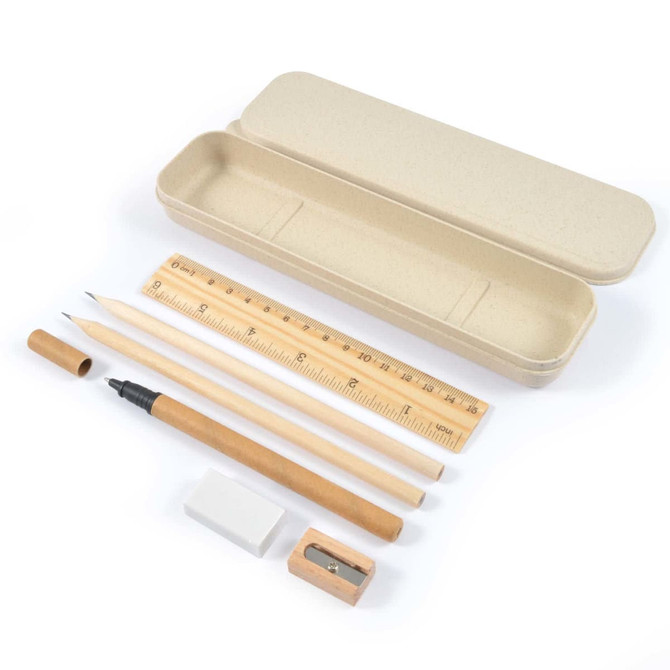A stationery set featuring a beige case, pencils, a ruler, an eraser, a sharpener, and a pen.