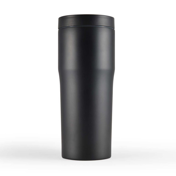A drink bottle with a sleek, matte black finish and a black lid, featuring a rounded body and branded logo.