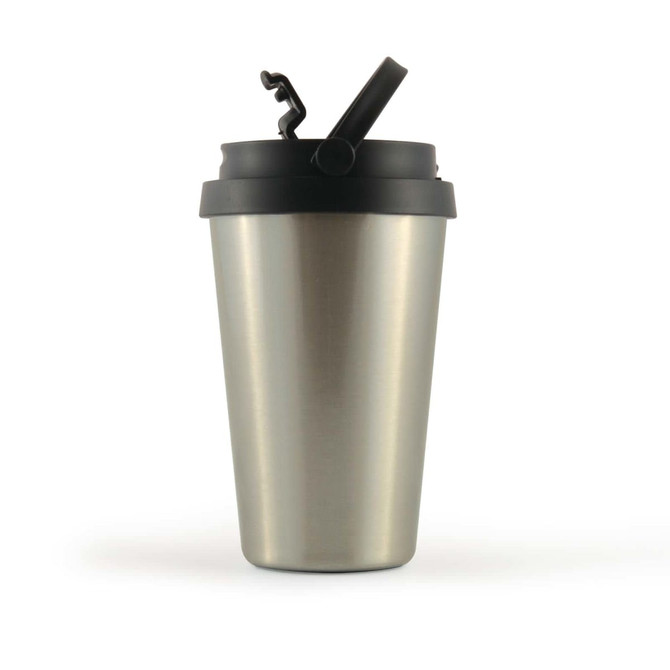 A drink bottle with a sleek stainless steel body and a black lid featuring a flip-top opening.