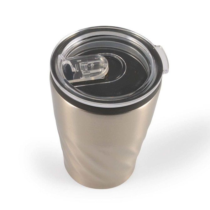 A reusable coffee cup with a sleek metallic finish and a clear plastic lid, featuring a sliding closure.