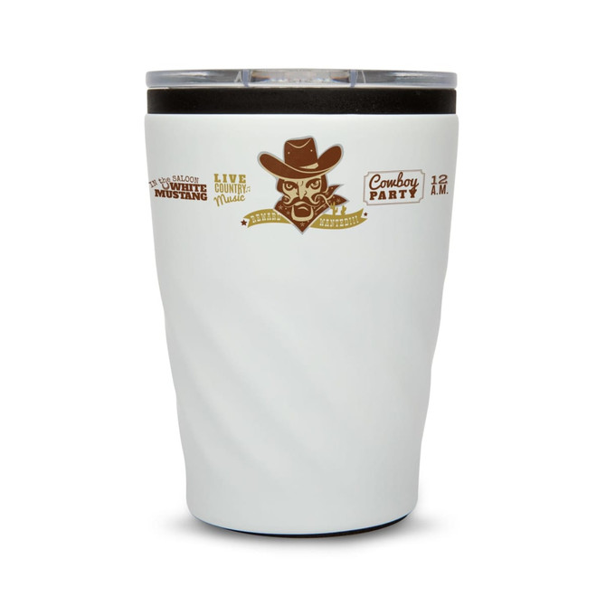 A reusable coffee cup in white with a black lid, featuring a cowboy-themed design and a logo.