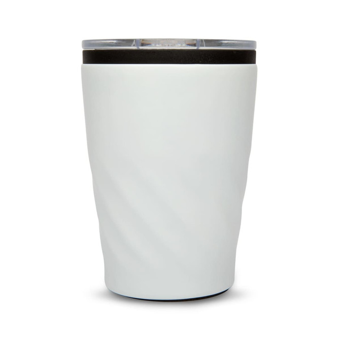 A reusable coffee cup featuring a sleek, white design with a twisted texture and a clear lid.