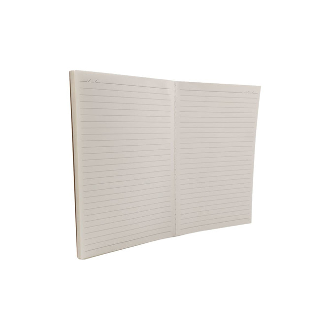 A lined notebook with a soft cover, featuring blank pages, in a natural beige color. It includes a simple logo.