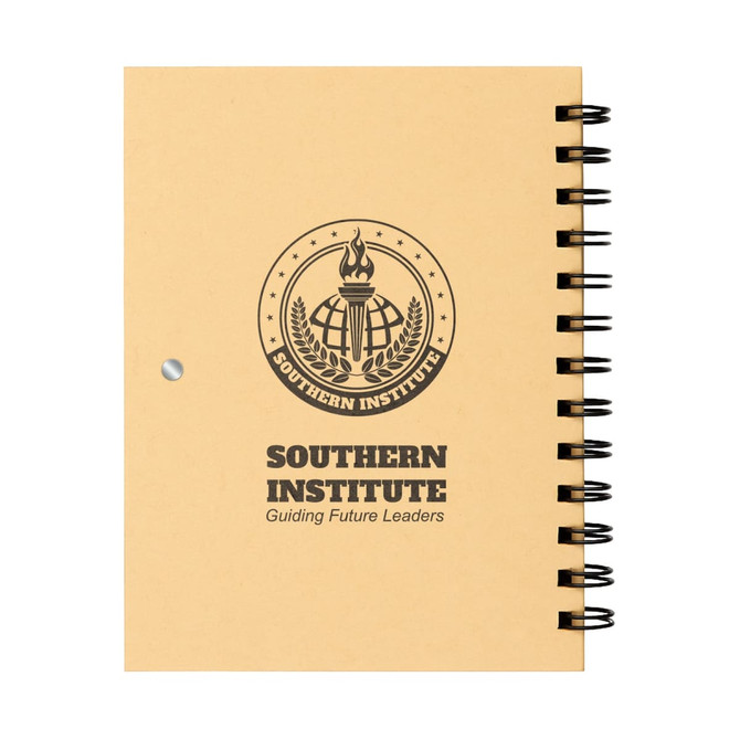 A yellow spiral-bound notebook featuring a logo on the cover. The notebook has a textured finish and is blank within.