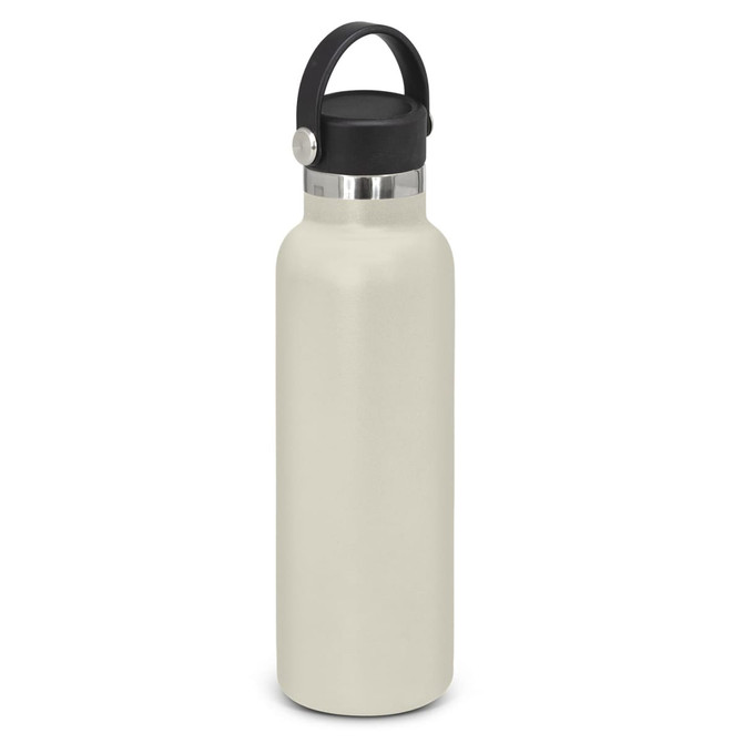 A drink bottle in a cream colour with a stainless steel base and a black carry lid. Features a logo.