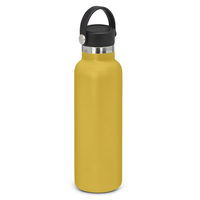 A drink bottle in a vibrant yellow colour with a black carry lid and stainless steel accents.