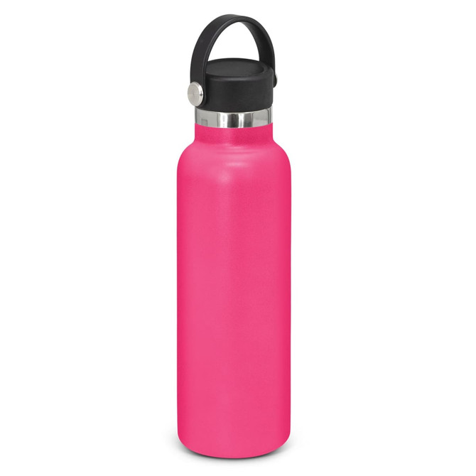 A drink bottle in vibrant pink with a black carry lid and a metallic band near the top. It features a logo.