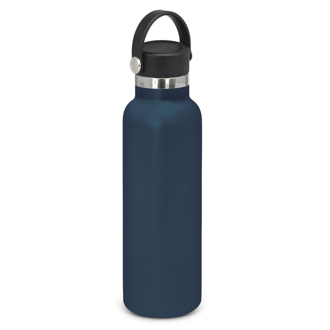 A drink bottle in dark blue with a silver metal neck and a black carry lid, featuring a handle.