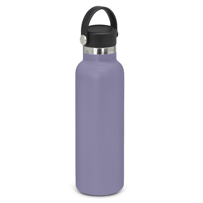 A drink bottle in a soft purple shade with a black carry lid and a metallic finish at the top.