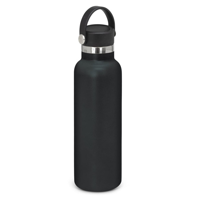A drink bottle in matte black with a stainless steel band and a carry lid. It features a logo on the bottle.