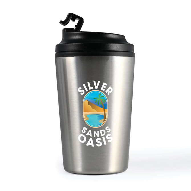 A stainless steel coffee cup with a black lid and a colorful logo featuring a beach scene.