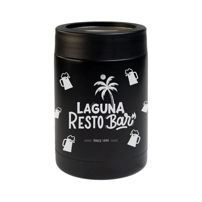 A black stainless steel drink cooler featuring a palm tree design and a logo, with decorative beer mug graphics.