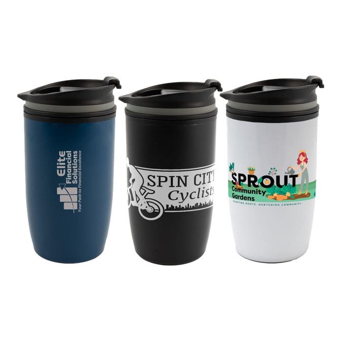 Three reusable coffee cups in blue, black, and white colors, each featuring a logo and a lid.
