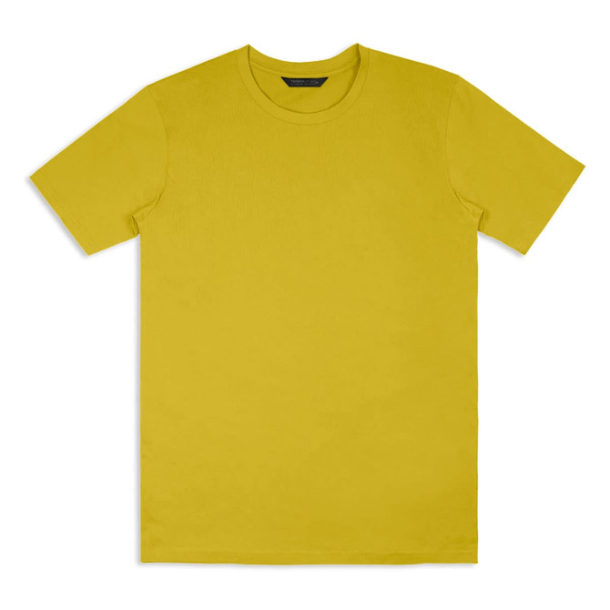 A yellow unisex T-shirt with a standard crew neckline and short sleeves. It features a logo.