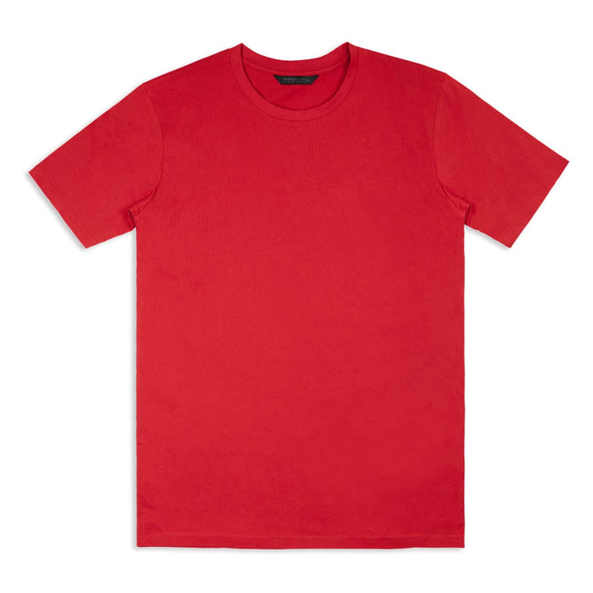 A red unisex T-shirt with a round neck and short sleeves, featuring a logo on the label.
