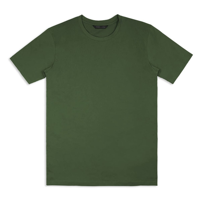 A green unisex T-shirt featuring a simple design and a crew neckline, with a logo on the label.