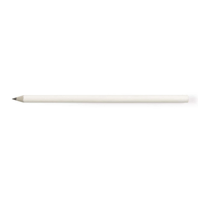 A grey-lead pencil made from recycled newspaper. The pencil features a smooth white exterior and a sharpened tip.