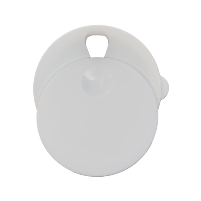 A reusable coffee cup with a sleek white design, featuring a smooth round body and a circular lid with a handle.