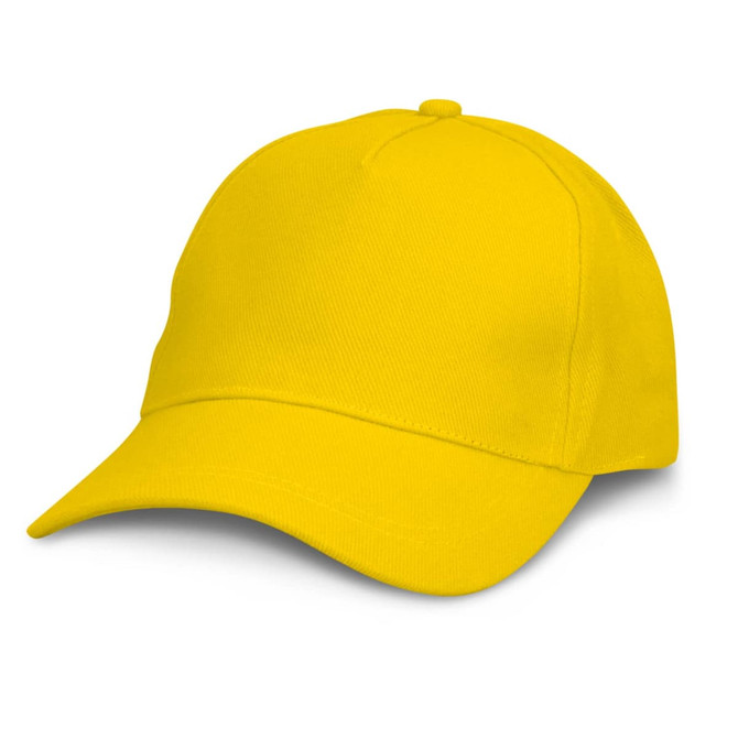 A yellow cap with a curved brim, featuring a simple design and a logo.