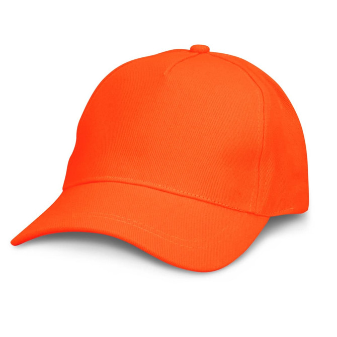 An orange cap with a curved brim and a structured crown, featuring a logo on the front.