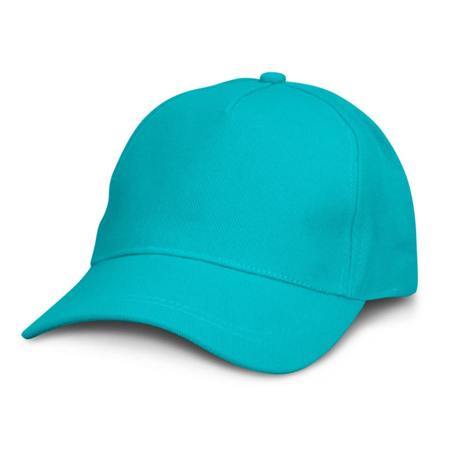 A turquoise cap with a curved brim and a structured crown, featuring a logo detail.