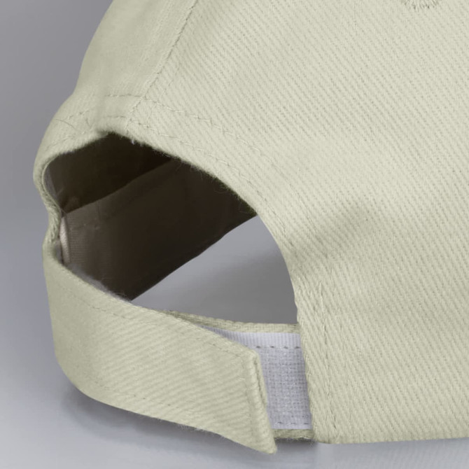 A light beige cap featuring a curved brim and an adjustable strap at the back, with a logo present.
