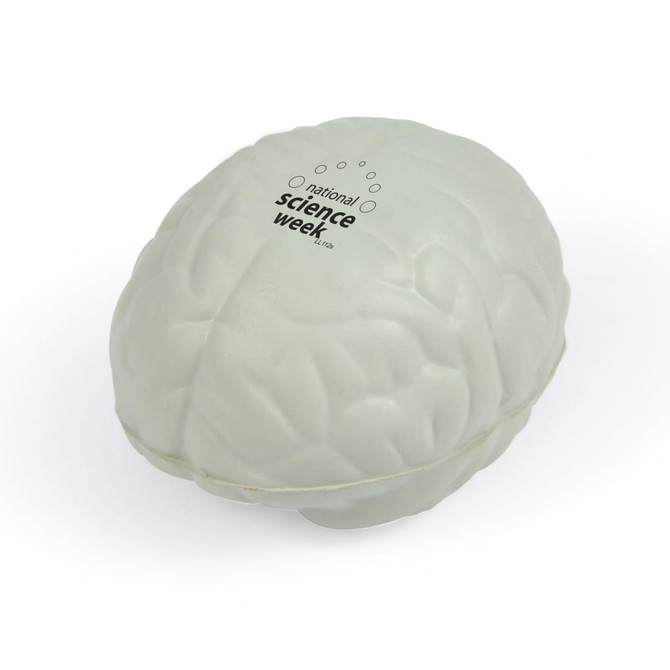 A white brain-shaped stress ball with detailed textures and a logo on one side.