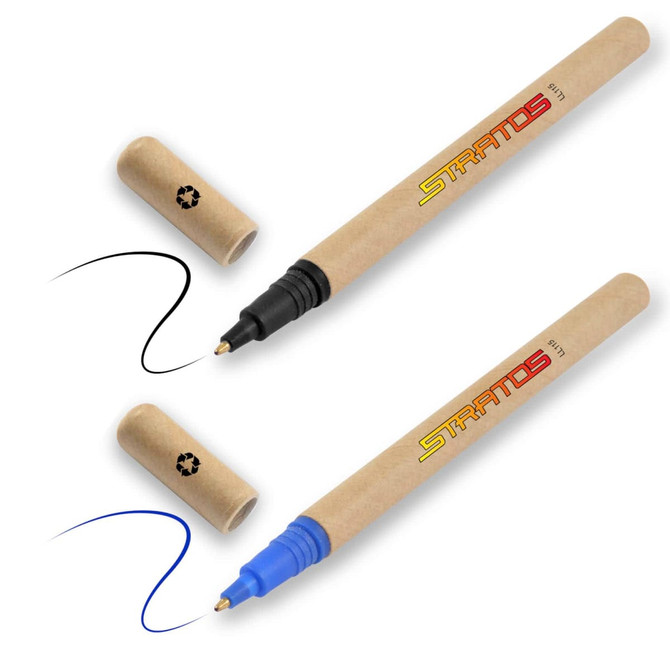A set of two Stratos cardboard pens, one black and one blue, with caps and a recycling symbol on the packaging.