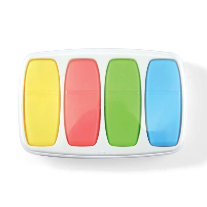 A set of four highlighters in yellow, red, green, and blue, arranged in a compact case.