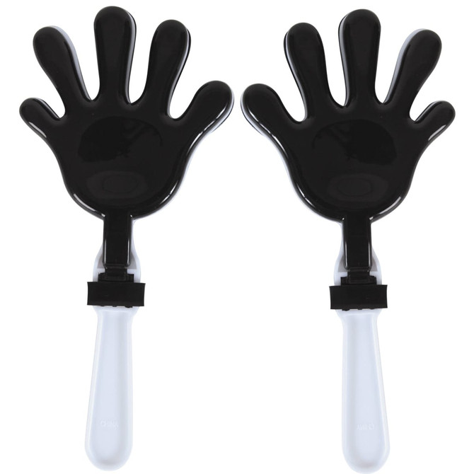 A pair of black hand-shaped clappers with white handles, designed for creating noise and visual appeal.