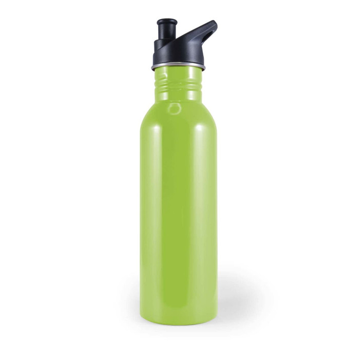 A drink bottle in a vibrant green color with a black flip-top spout.
