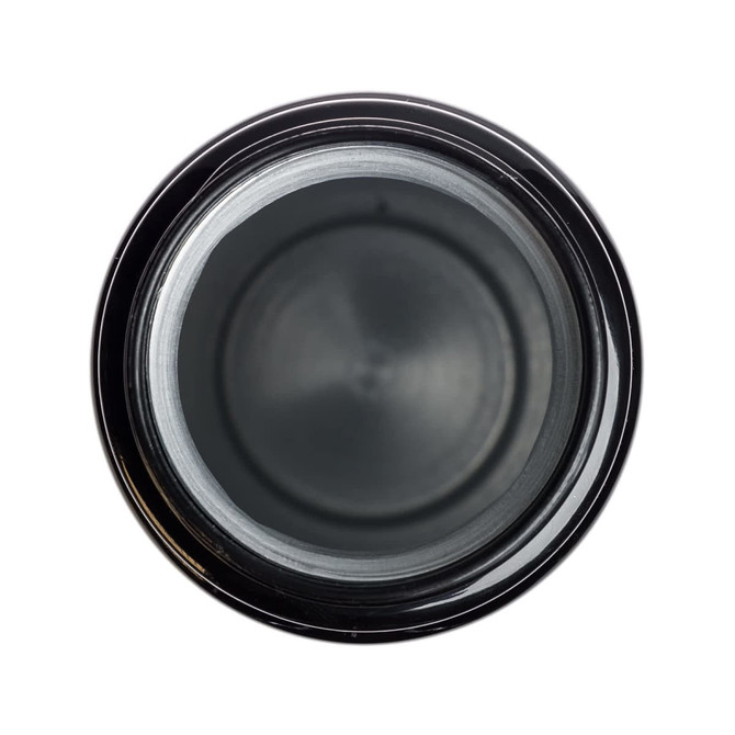 A drink bottle with a black exterior and a flip straw lid, viewed from above. It features a smooth interior.