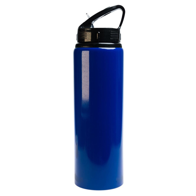 A blue drink bottle with a flip straw lid and a black cap, featuring a logo.