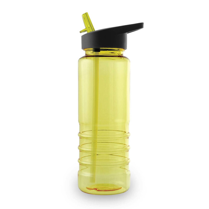 A drink bottle with a bright yellow body and a black flip-top lid, featuring a built-in straw for easy sipping.