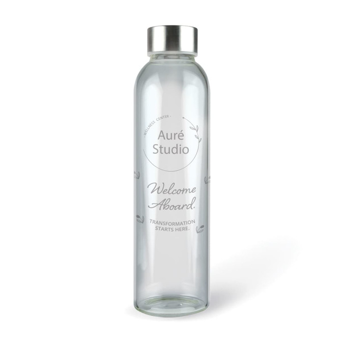 A drink bottle featuring a clear glass design with a silver metal cap and a logo.