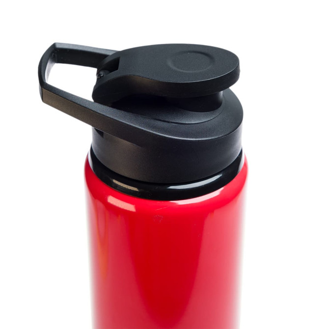 A drink bottle in bright red with a black free flow lid and a handle for easy carrying.