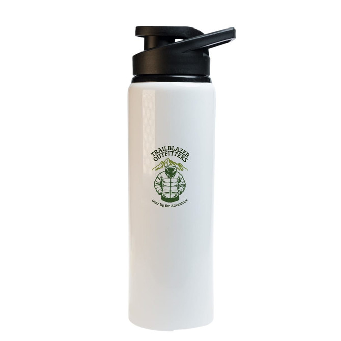 A drink bottle in white with a black free flow lid and a logo on it.
