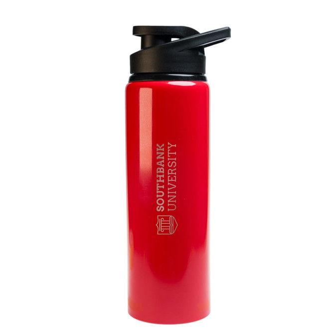 A drink bottle in bright red with a black free flow lid and a logo on the side.