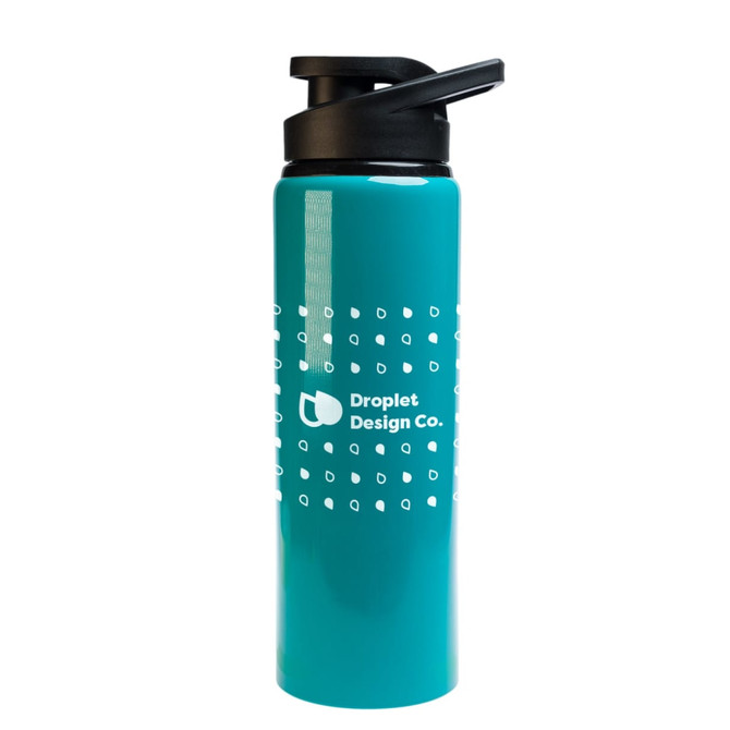 A drink bottle in teal with a black free flow lid and a logo on the side, featuring a dotted design.